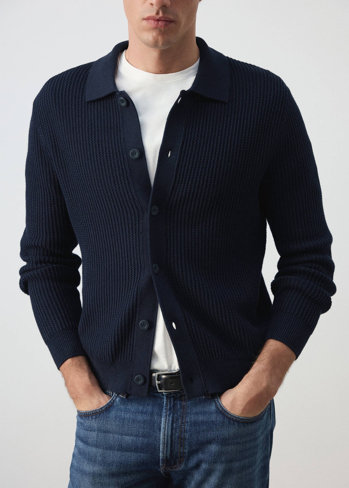 Ribbed Cotton Collared Cardigan in Navy - view 06
