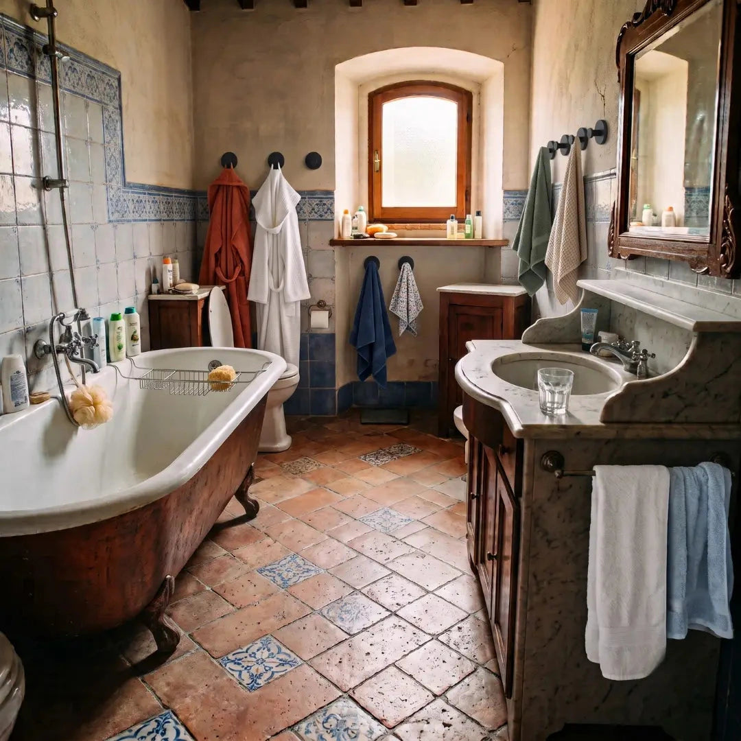 Bathroom organisation example with towels and clothing arranged on wall hooks