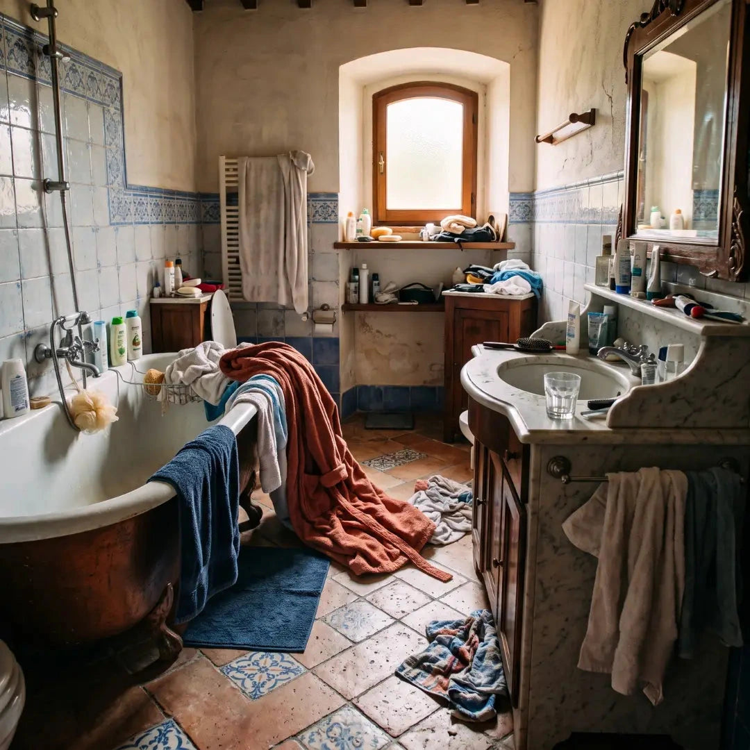 Bathroom organisation example before adding wall hooks
