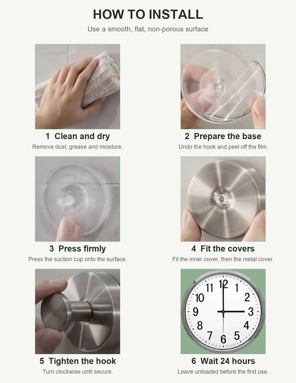 Six-step English installation guide: clean, prepare, press, fit covers, tighten and wait 24 hours