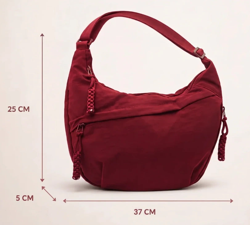 Burgundy shoulder bag dimension diagram: 25 cm high, 37 cm wide and 5 cm deep