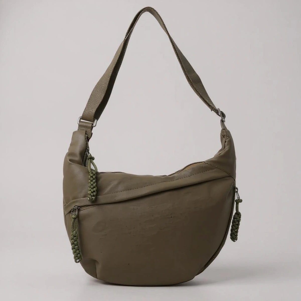 Olive Green crossbody shoulder bag with zipped pockets and an adjustable strap